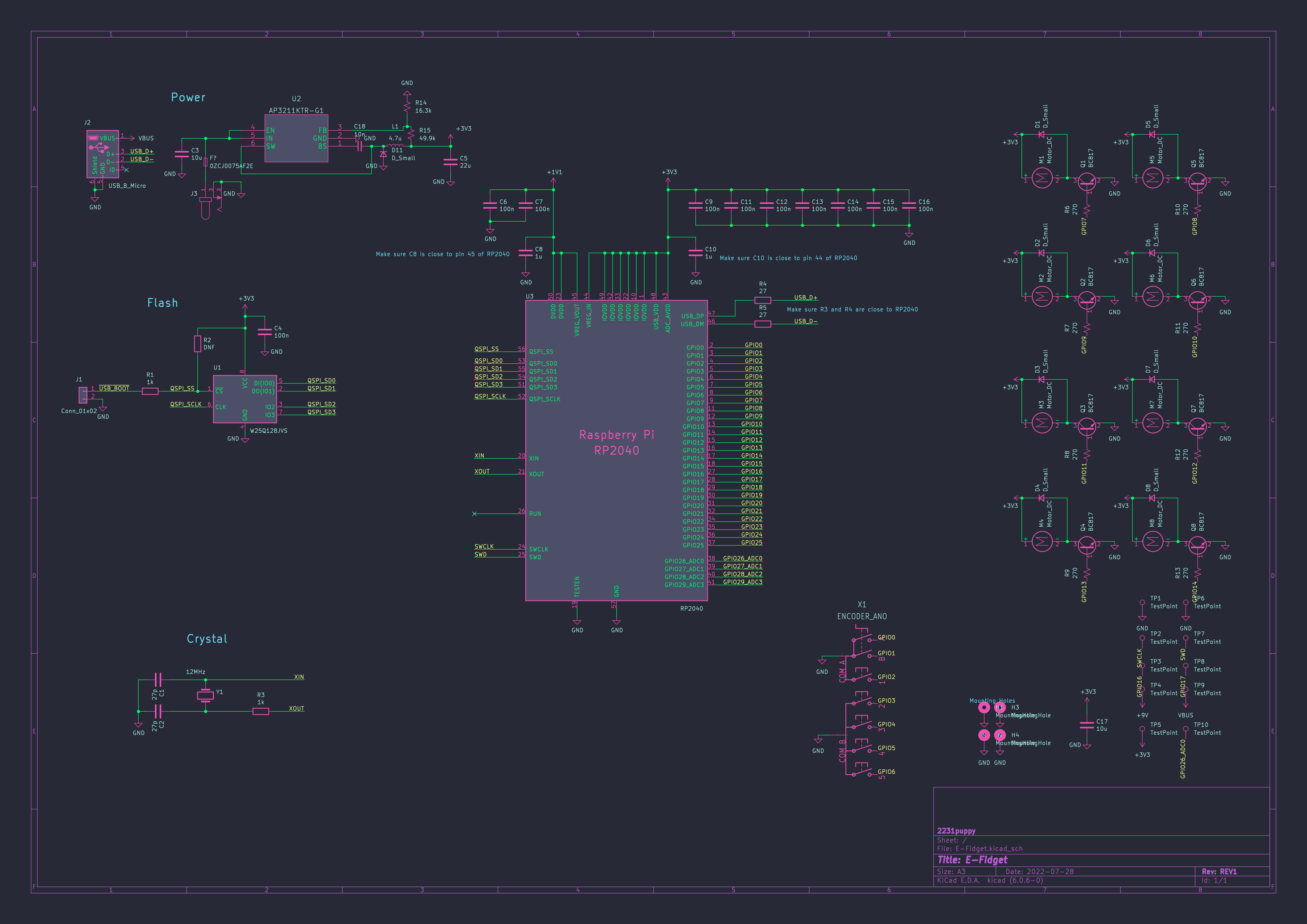 Schematic of the E-Fidget, including the RP2040 and supporting circuitry, along with 8 transistors